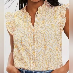Ann Taylor LOFT | Womens White/Orange Ruffle Collar/Cap Sleeve Embroidered Top M